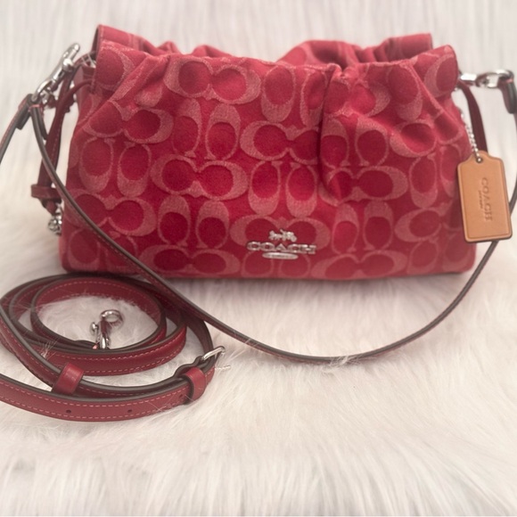 NWT Coach Faye Shoulder Bag In Signature Denim CDB93 denim in Silver/True Red - Picture 2 of 16